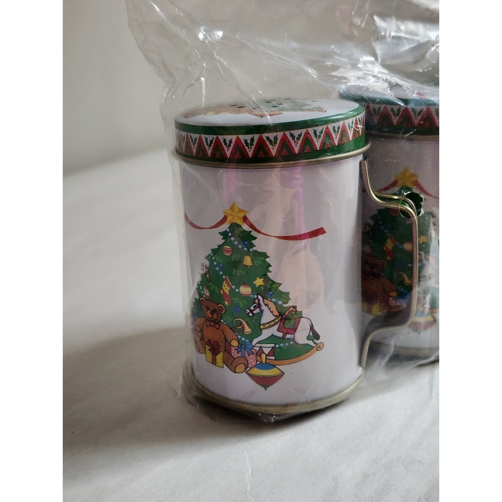 Vintage Christmas Tin Salt and Pepper Shaker Set Holiday Tree Teddy Bear - Picture 2 of 3